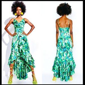 ❌❌SOLD❌❌akira palm leaf tropical print ruffled hem dress